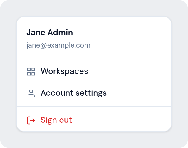 The account menu showing the Workspaces link The account menu showing the Workspaces link