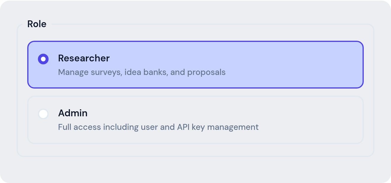 The Researcher and Admin role options
