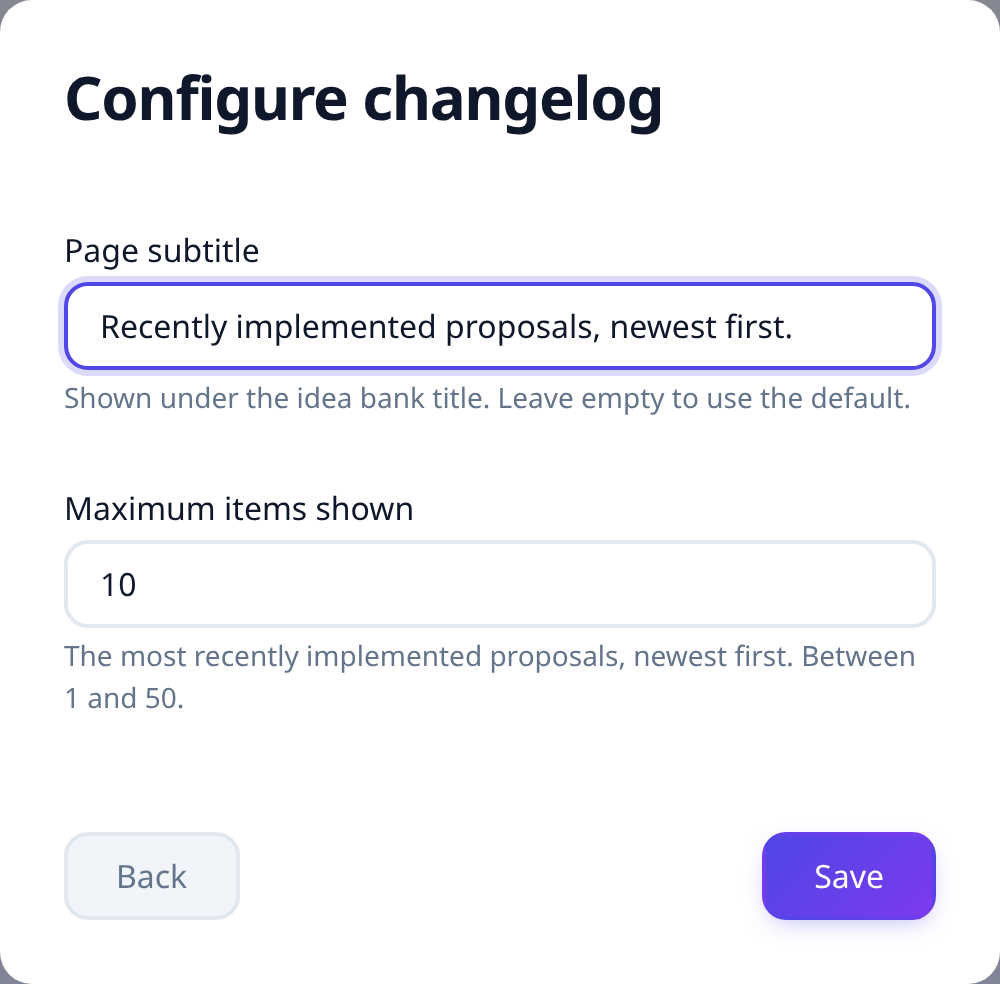 The changelog configuration panel