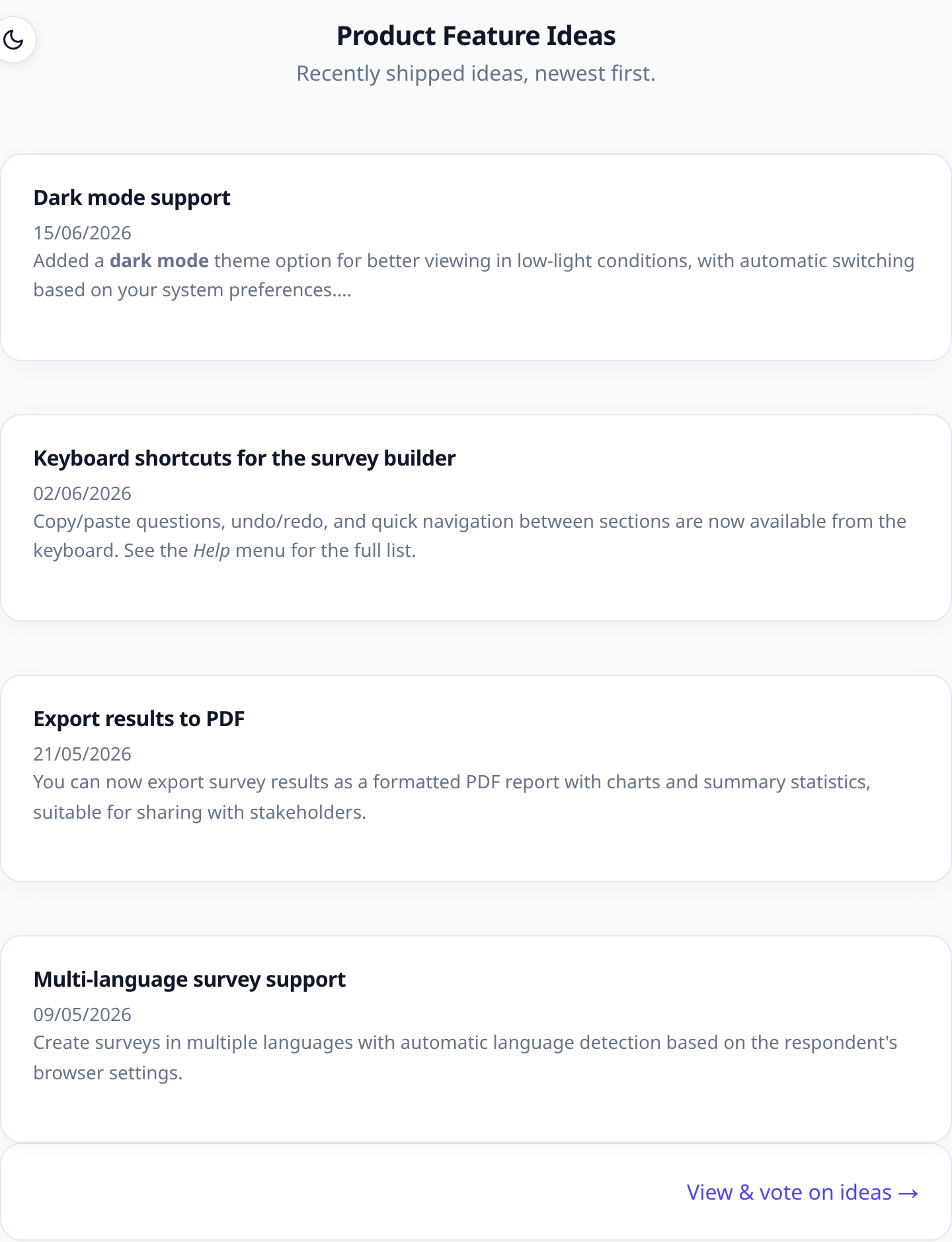 The public changelog page participants see