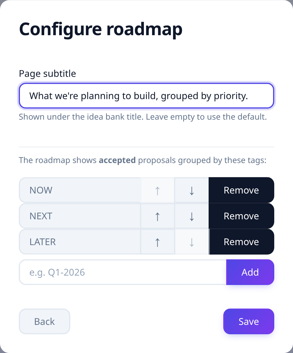 The roadmap configuration panel The roadmap configuration panel