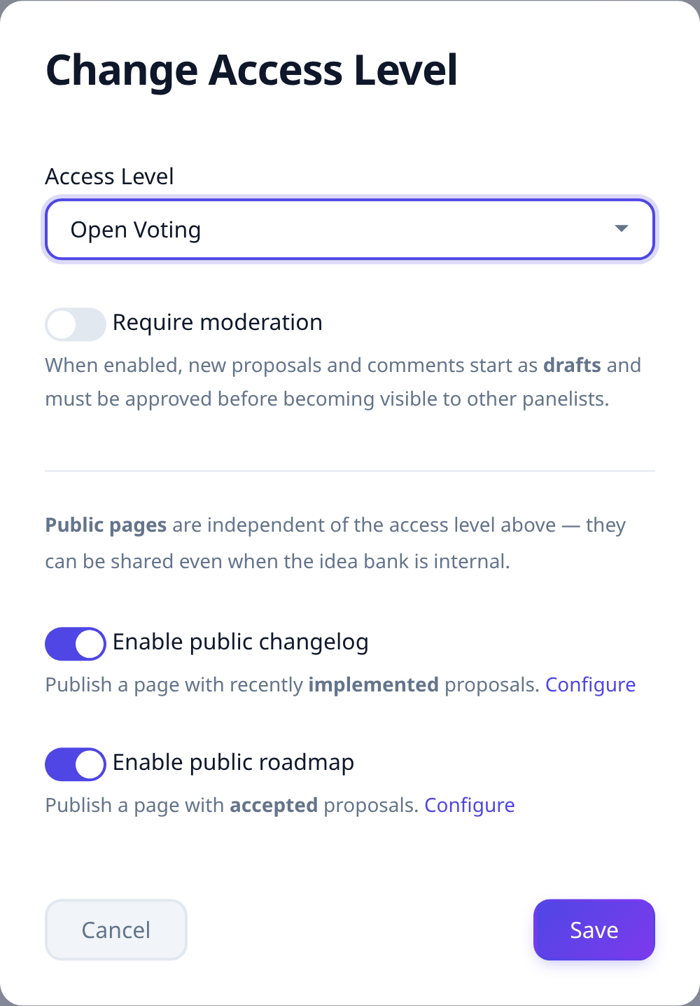 The Change Access Level dialog with the Public pages section The Change Access Level dialog with the Public pages section