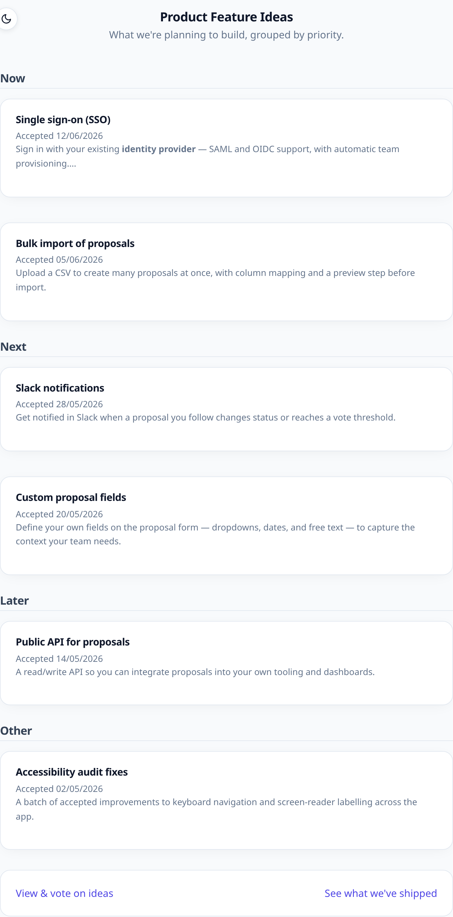 The public roadmap page participants see The public roadmap page participants see