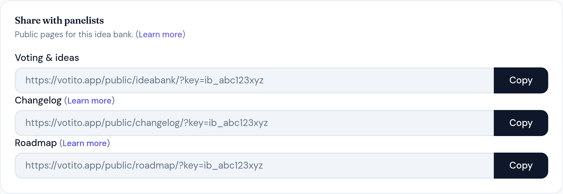 The Share with panelists section with a Roadmap URL row The Share with panelists section with a Roadmap URL row