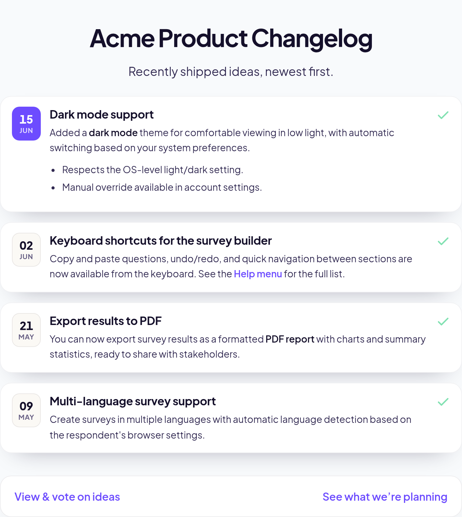 The public changelog page participants see The public changelog page participants see