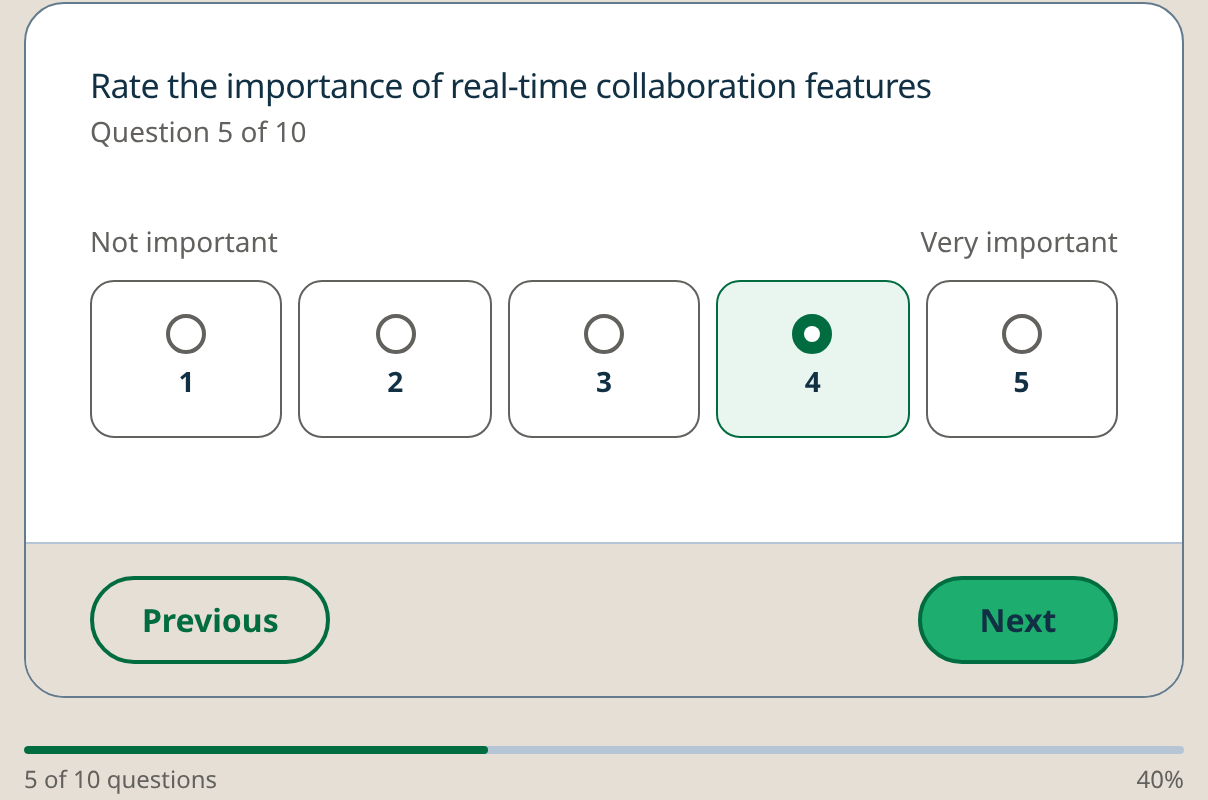 A hosted survey question on its own card, with a rating scale, previous and next buttons, and a progress bar reading 5 of 10 questions