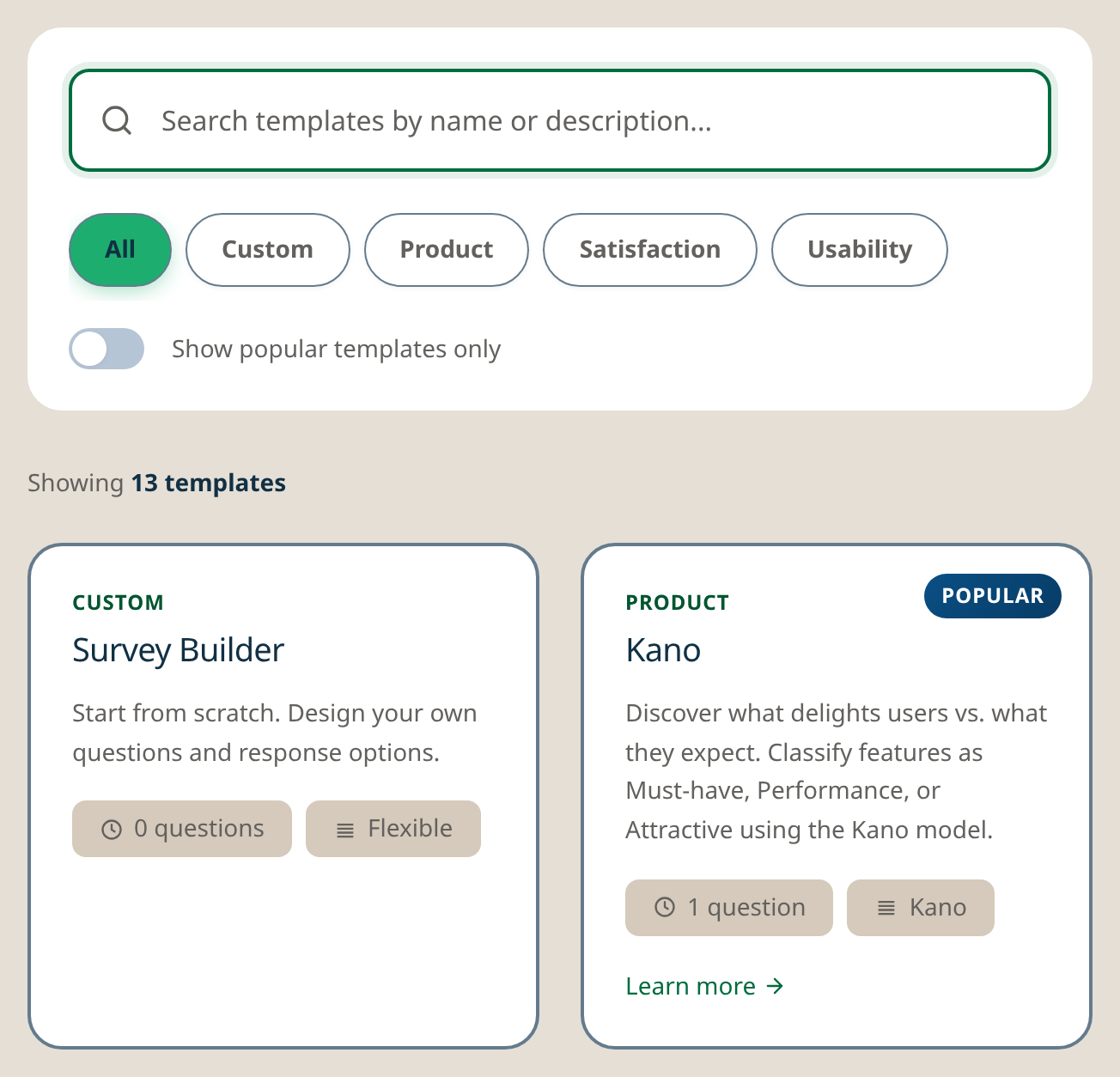 The survey template picker, with a search box, category filters and ready-made templates